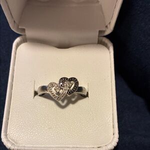 White gold 10kt , double heart, diamond  ring, size 8